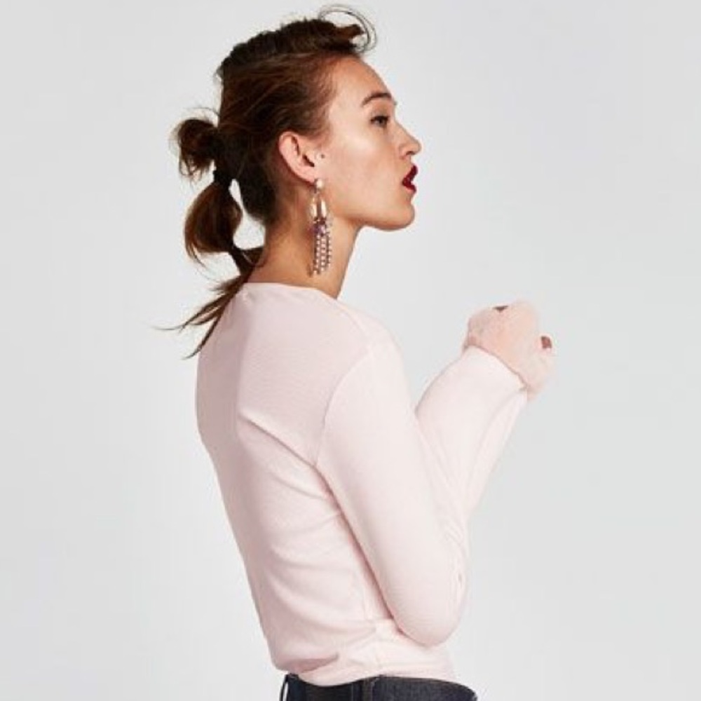 Zara Ribbed T-shirt with Faux Fur Cuffs